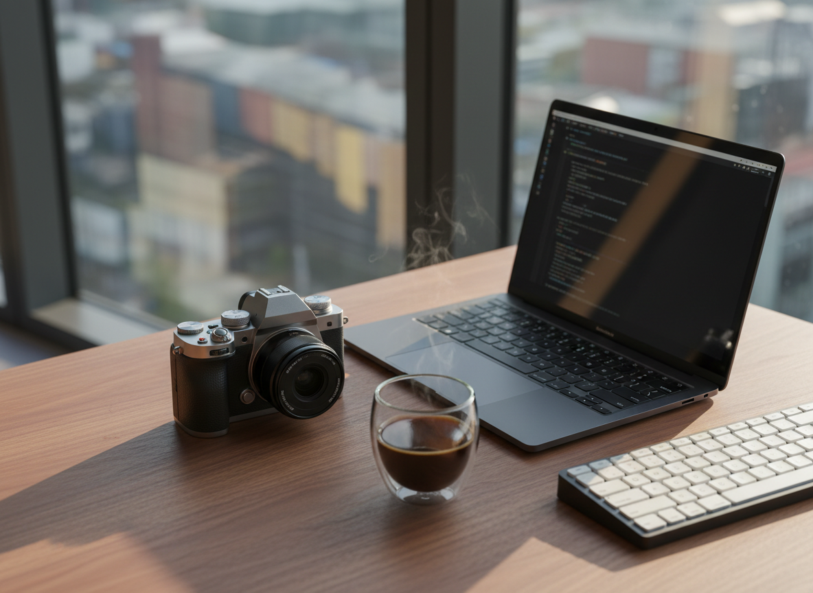 A meticulously arranged flat lay of a sleek mirrorless camera with a brushed metal body and textured leather grip resting beside a matte black laptop, a minimalist mechanical keyboard, and a steaming double-walled glass of dark coffee. They sit on a smooth walnut desk with fine grain patterns, near a large window overlooking an abstract blurred cityscape. Soft morning light pours in from the left, creating gentle highlights on metallic edges and subtle reflections on the laptop screen. The mood is sophisticated and contemplative, evoking focused creative work. Photographic realism with a clean, modern aesthetic, shot from a perfectly overhead bird’s-eye view with shallow depth of field, leaving the corners of the frame tastefully out of focus.